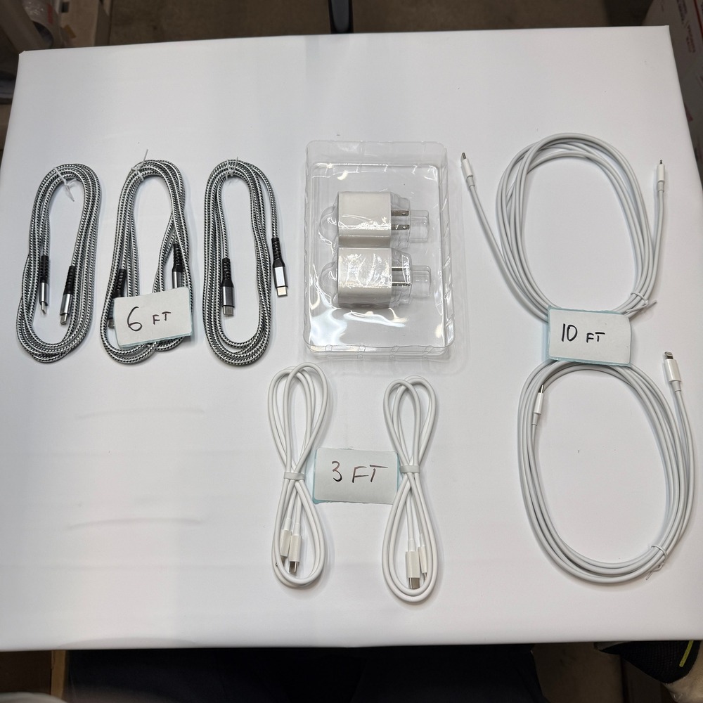 Set of 9 - 7 USB-C to C/Lightning Charging Cables 3ft 6ft 10ft, 2 Wall Adapters